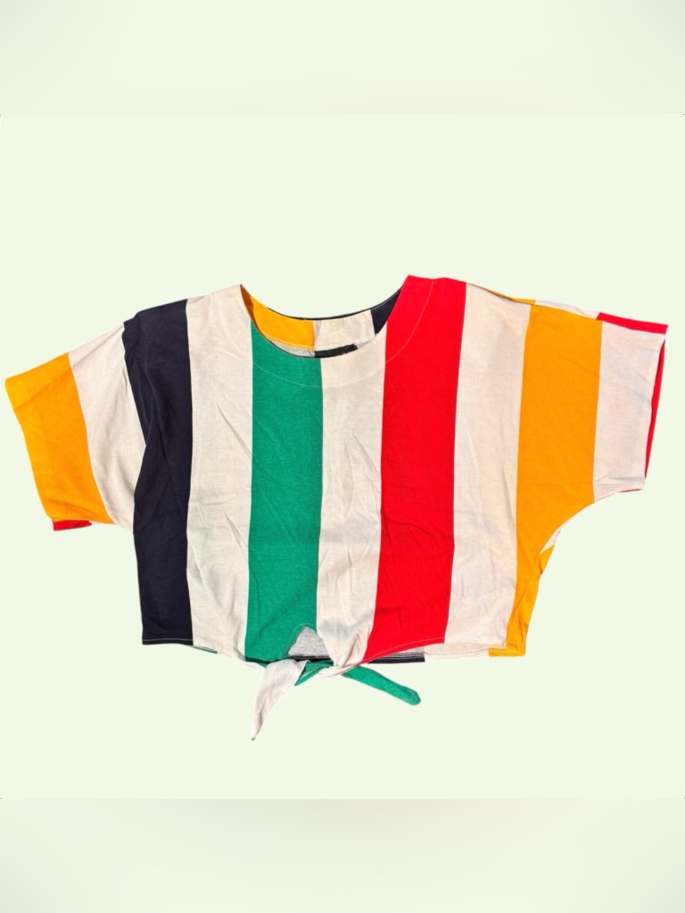 Striped Tie-Front Crop Top in Red, Green, Mustard, Navy and White